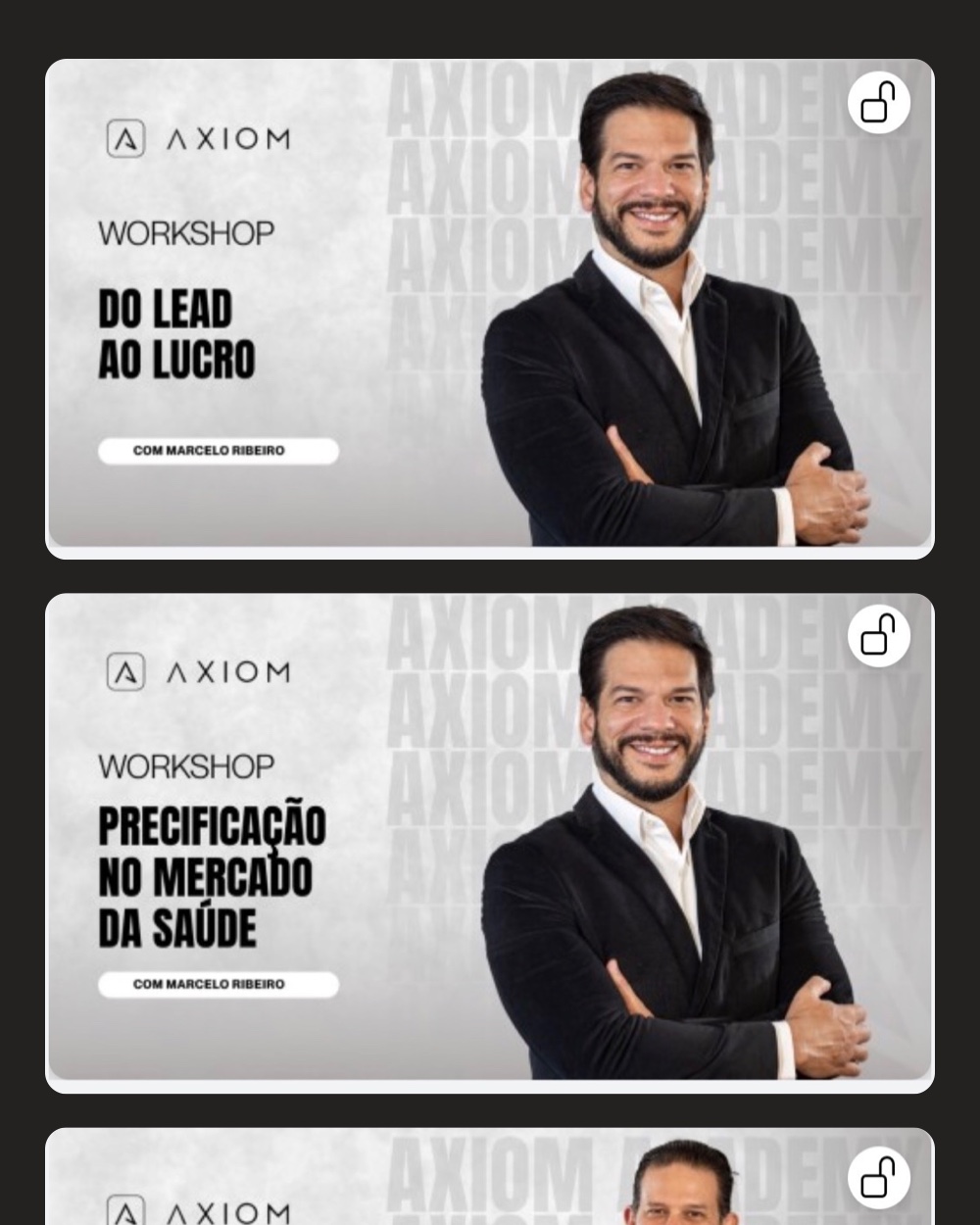 Cards de workshops disponíveis na plataforma Axiom Academy — 1 de 3
