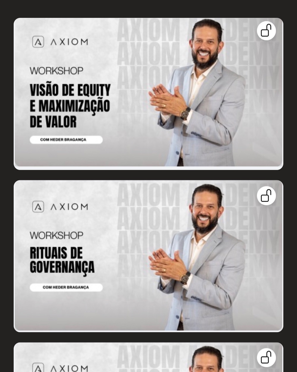 Cards de workshops disponíveis na plataforma Axiom Academy — 3 de 3