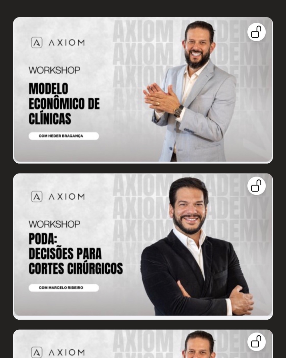 Cards de workshops disponíveis na plataforma Axiom Academy — 2 de 3